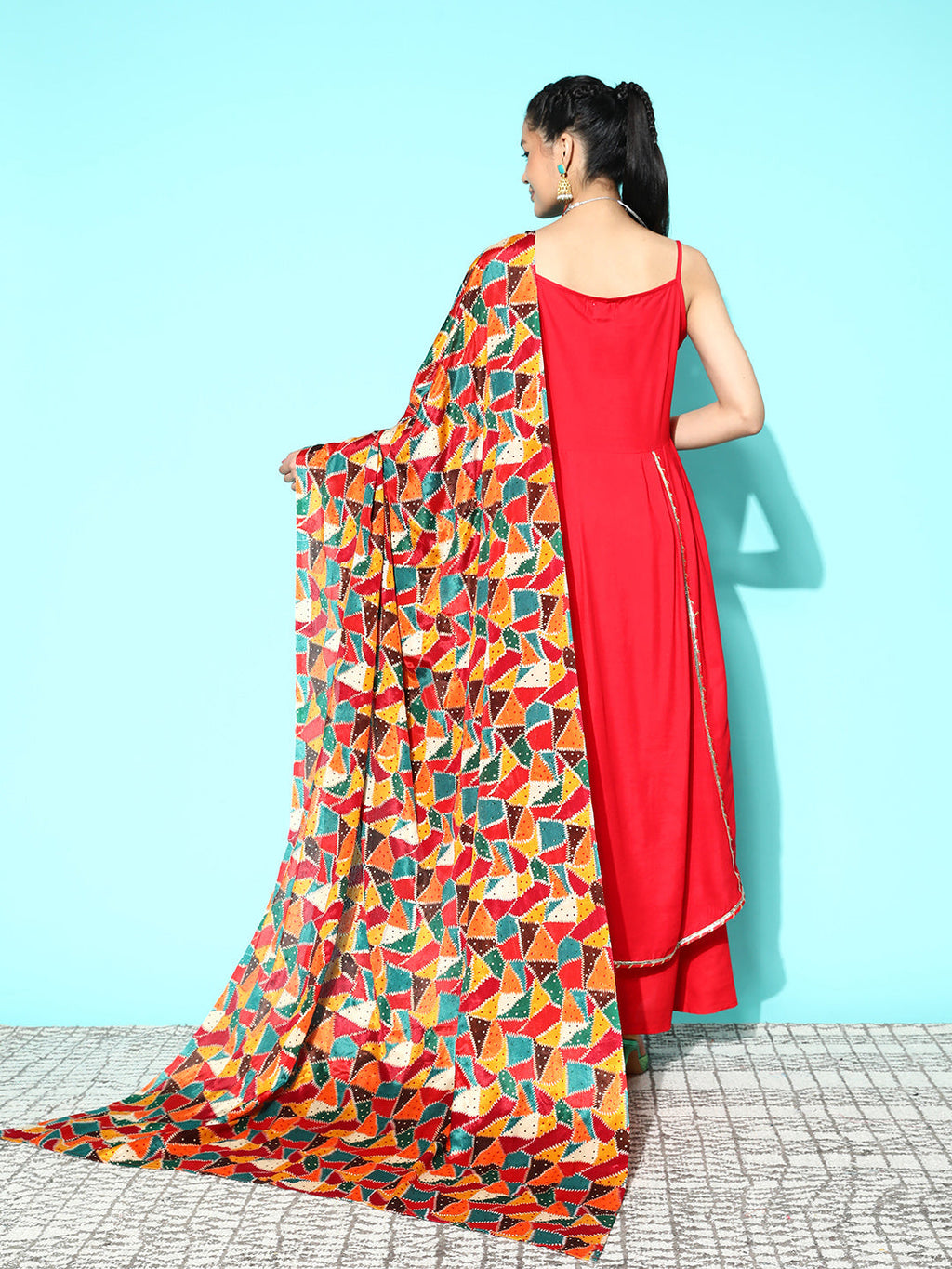 InWeave Women's Red Gota Strappy Set With Multi Foil Muslin Dupatta | Grocsy