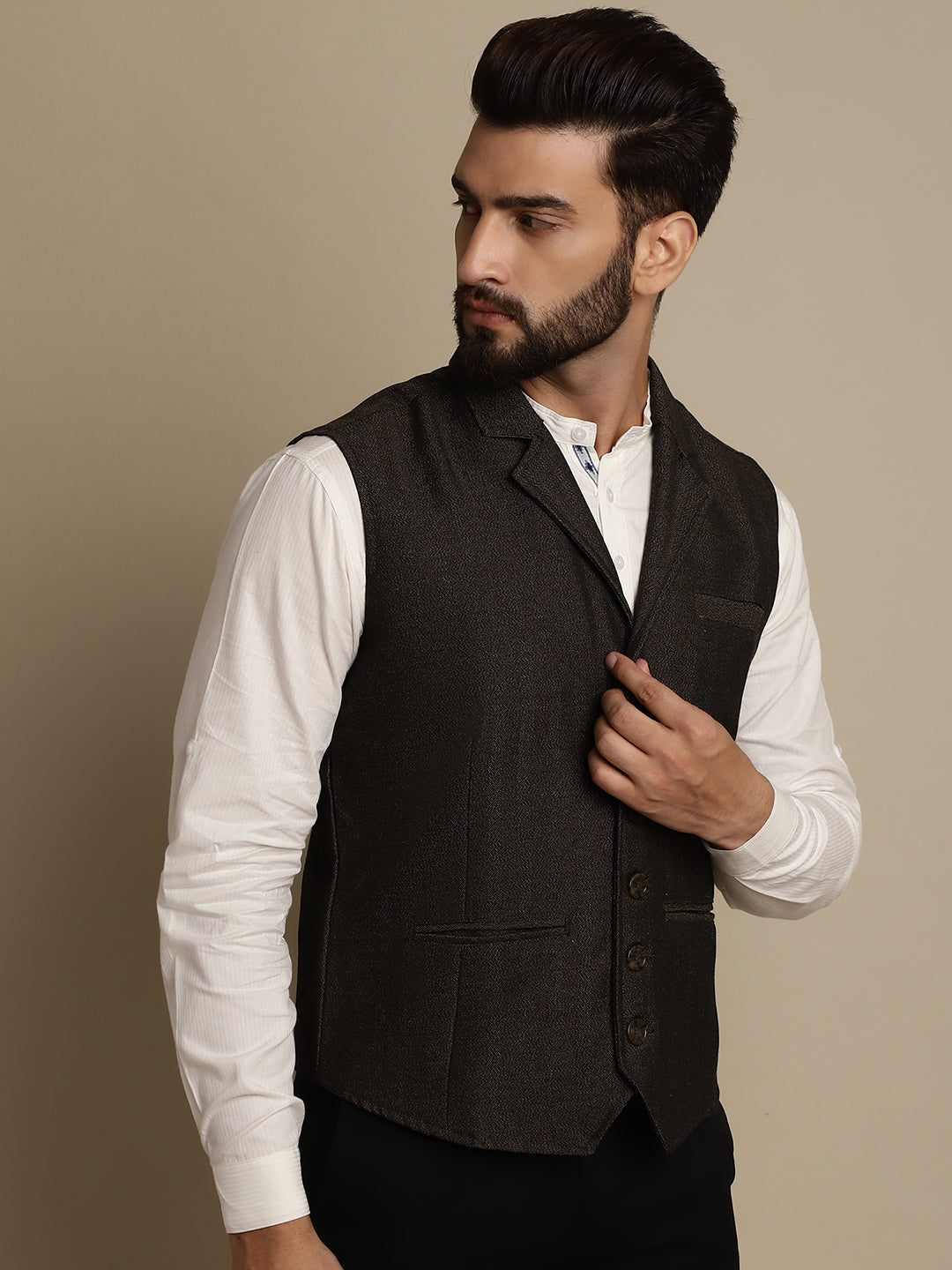Even Apparels Men's Brown Wool Waistcoat with Notched Lapel | Grocsy
