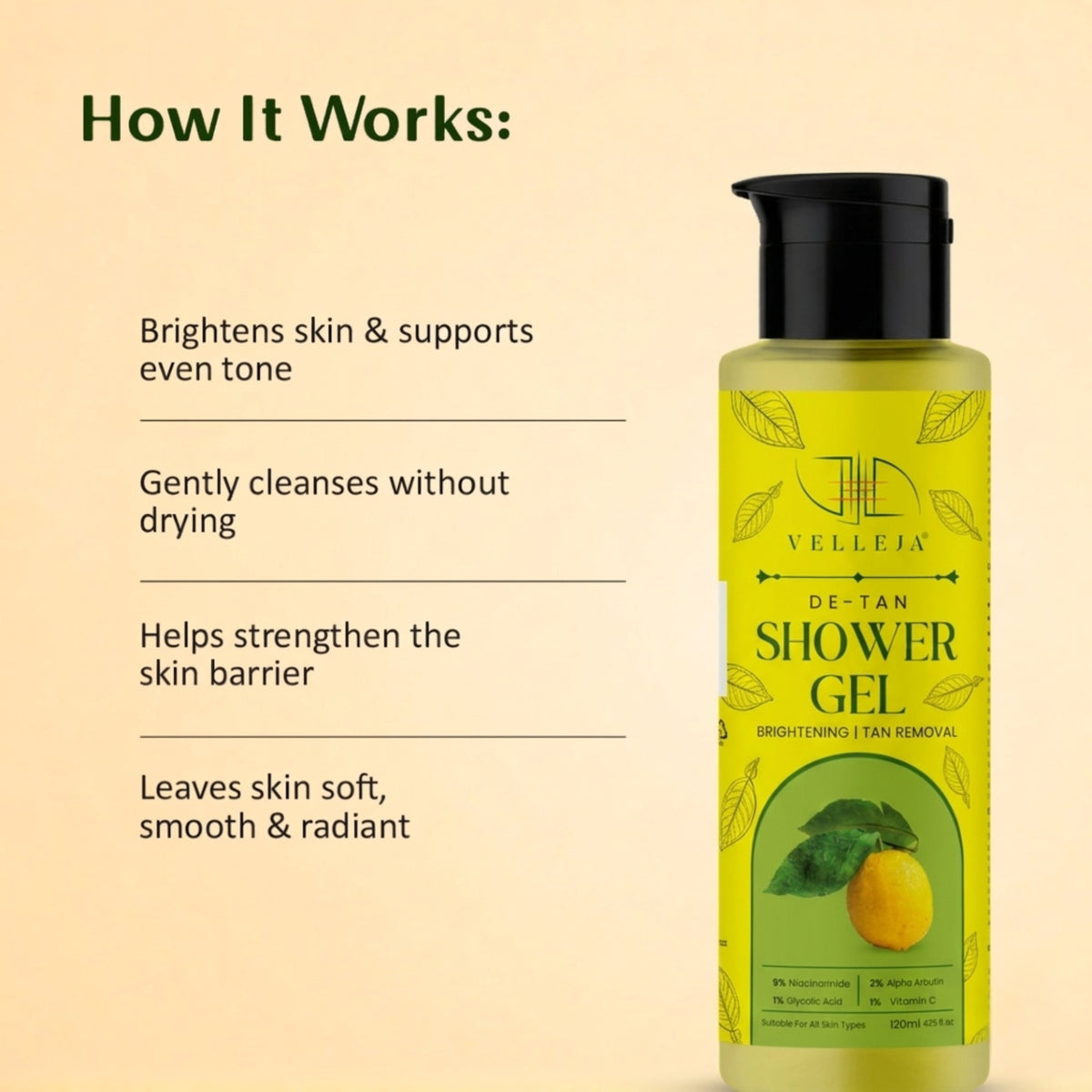 Velleja Brightening De-Tan Body Cleanser with Niacinamide, Vitamin C & Alpha Arbutin | Grocsy
