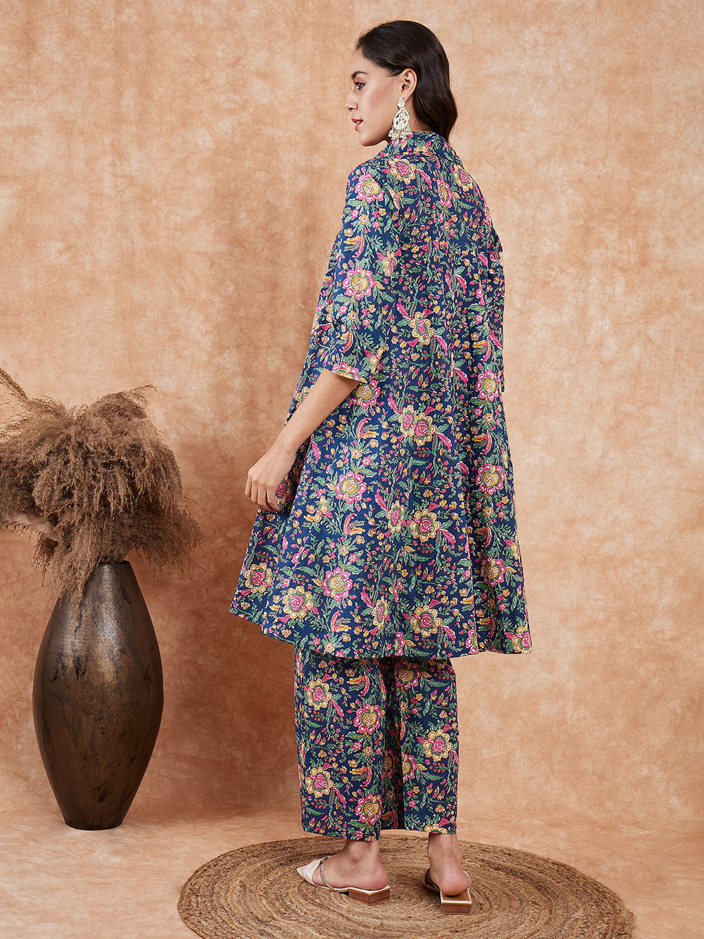 InWeave Women's Blue Green Pink Floral Print Flared Kurta Pant Set | Grocsy