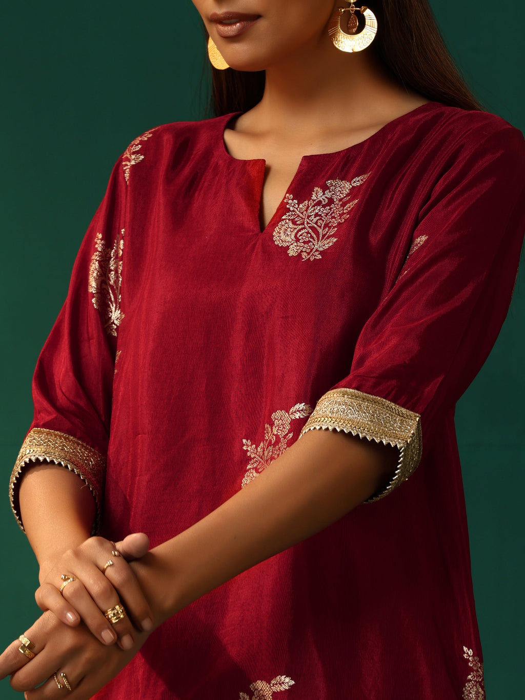 trueBrowns Maroon Floral Viscose Silk High Low Co-ord Set | Grocsy