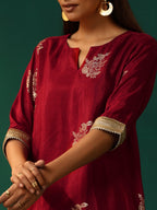 trueBrowns Maroon Floral Viscose Silk High Low Co-ord Set | Grocsy