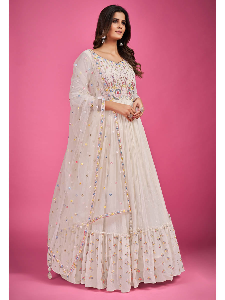 Myra White Pure Georgette Embroidered Gown | Grocsy