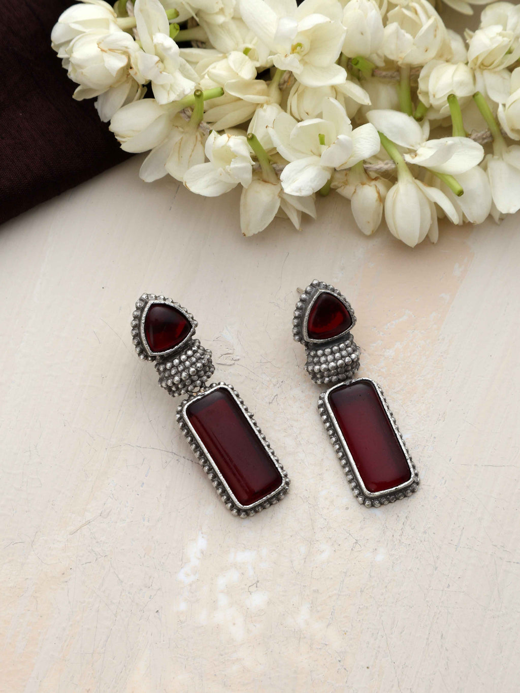 trueBrowns Silver tone Red Stone Drop Earrings - Swadesiicart