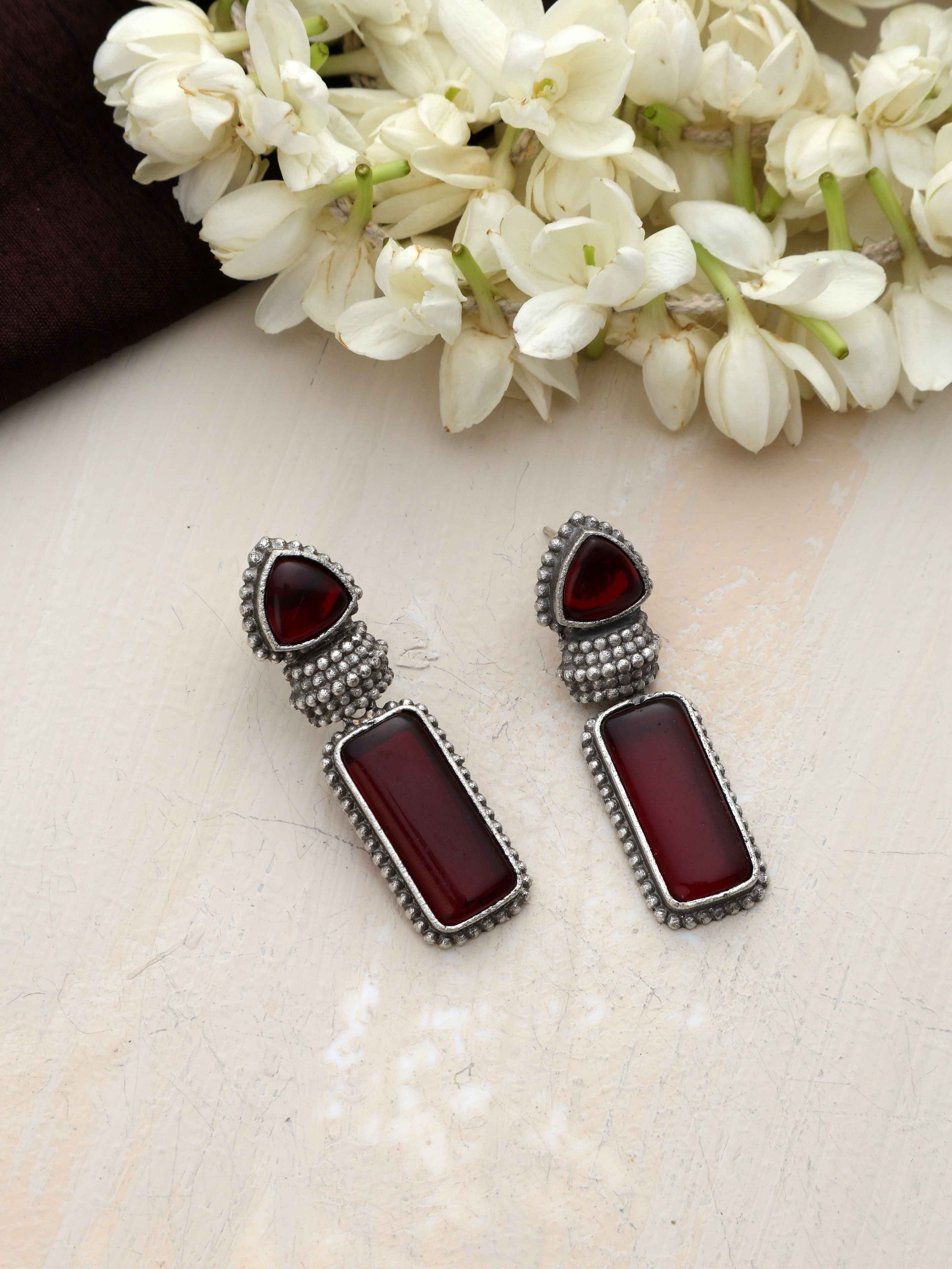 trueBrowns Silver tone Red Stone Drop Earrings - Swadesiicart