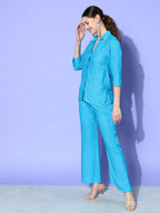 InWeave Women's Aqua Blue Coord Set With Maroon Abstract Scarf | Grocsy