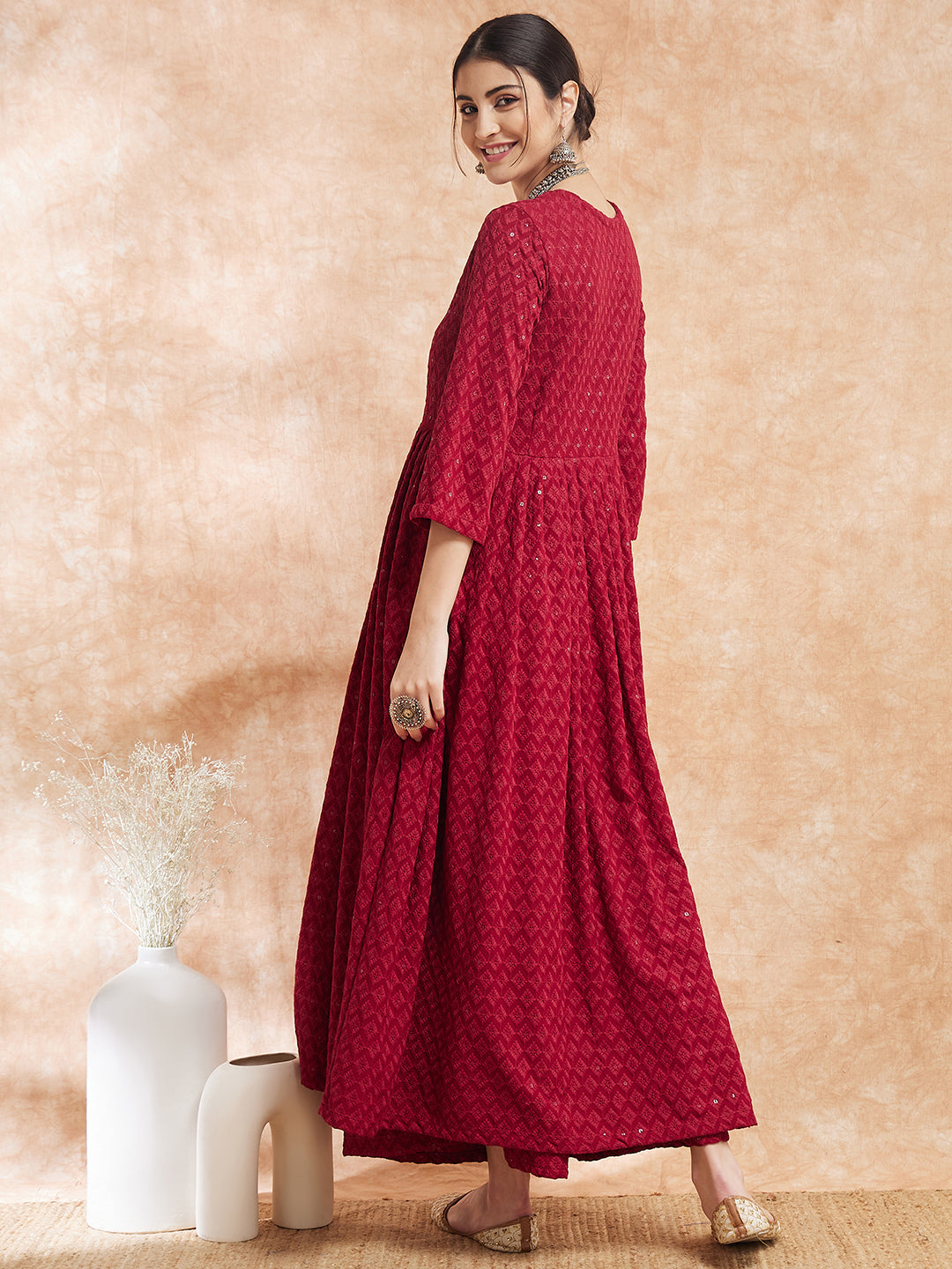 InWeave Women's Maroon Chikankari Long Anarkali Kurta Sharara Set | Grocsy