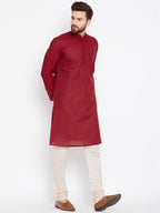 Even Apparels Maroon Pure Cotton Kurta With Band Collar | Grocsy