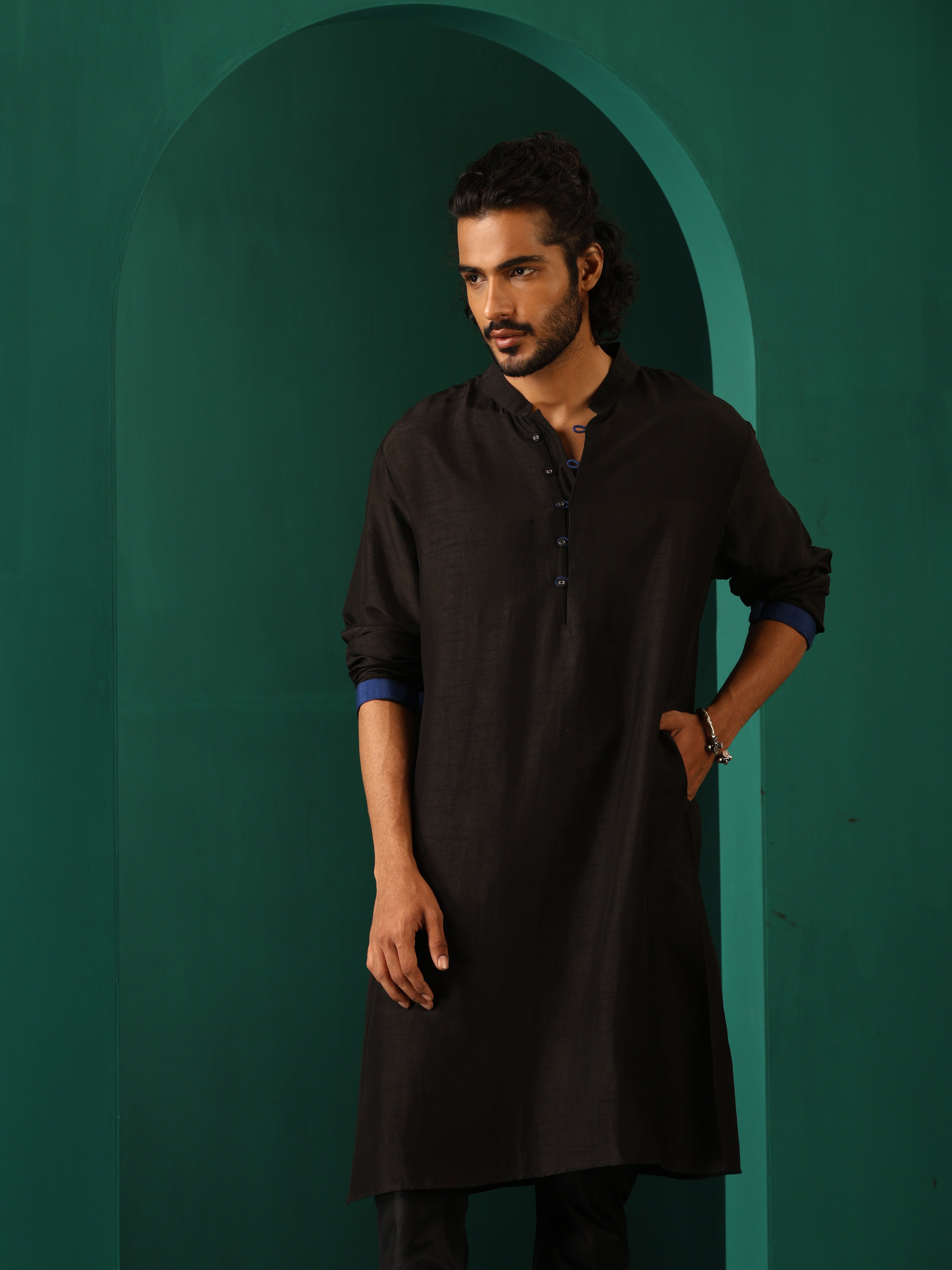 trueBrowns Men's Black Silk Long Kurta | Grocsy