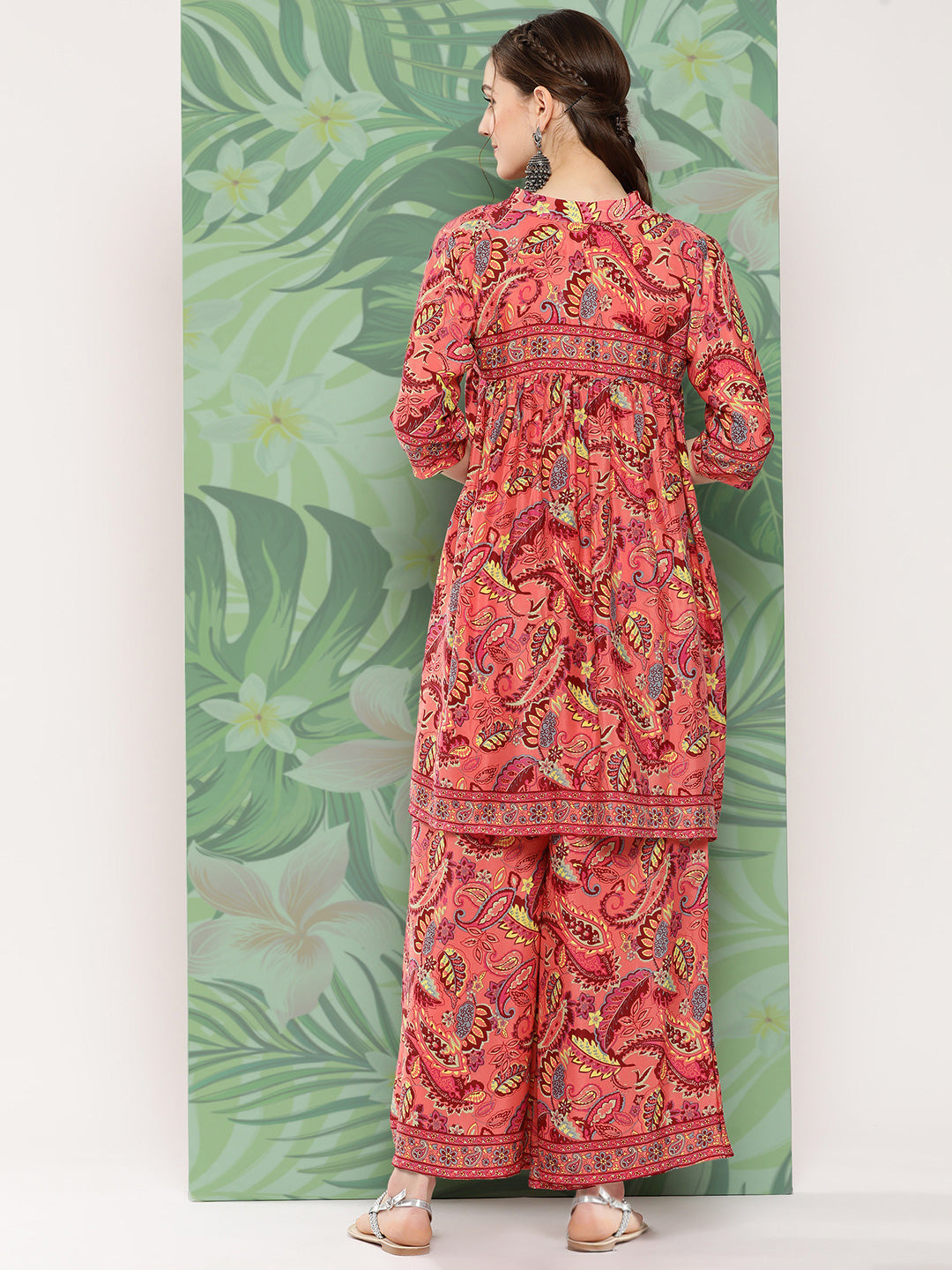 InWeave Women's Peach Camelia Printed Ethnic Kurta Set | Grocsy