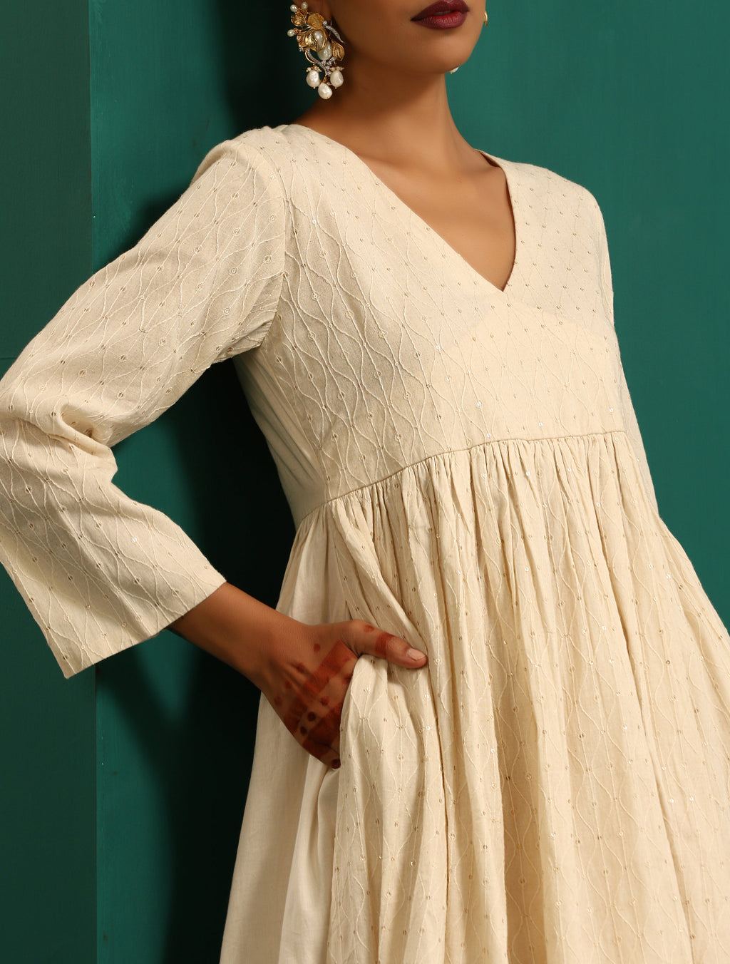 trueBrowns Ivory Tonal Cotton Anarkali Kurta Pant Set | Grocsy