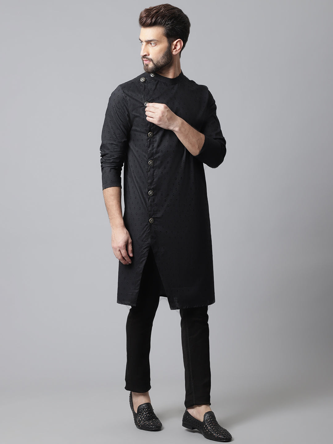 Even Apparels Black Sherwani Kurta With Asymetrical Cut | Grocsy