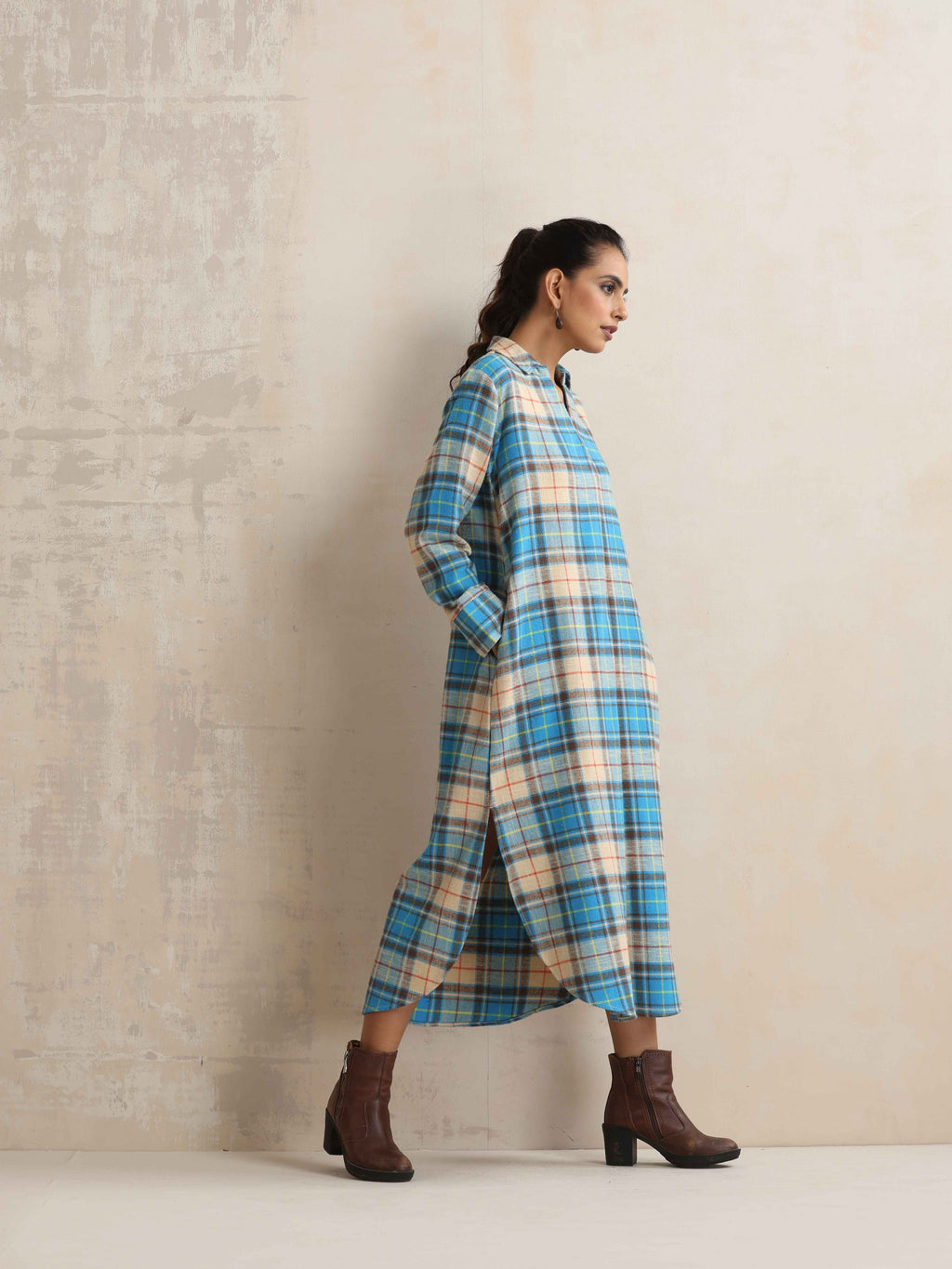 trueBrowns Beige Check Pleated Winter Dress | Grocsy