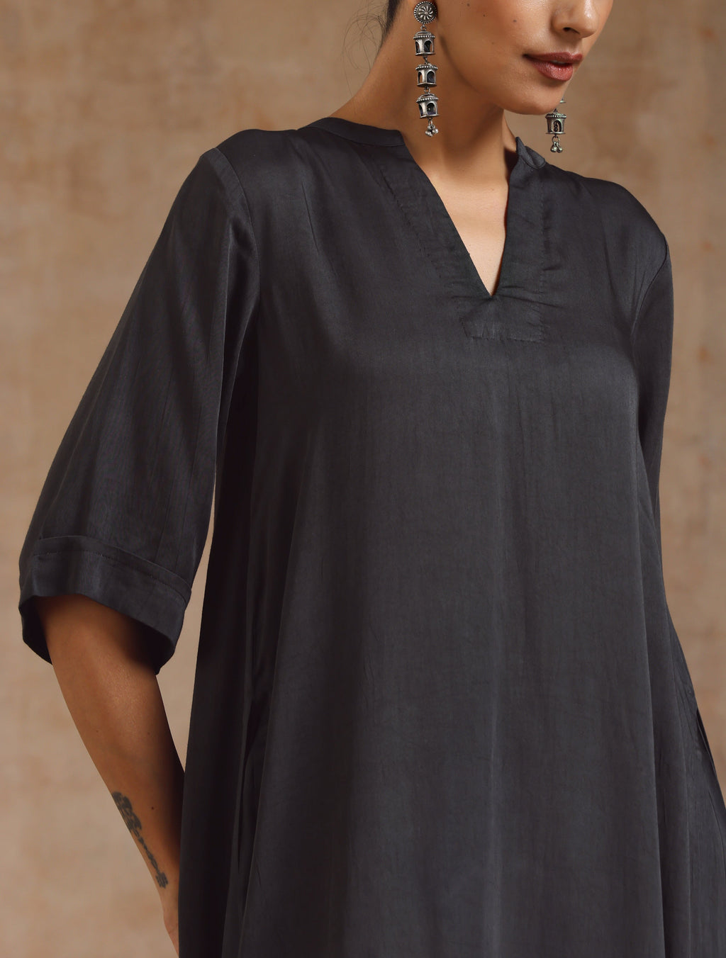 trueBrowns Grey Modal Satin High-Low Relax Kurta Set | Grocsy