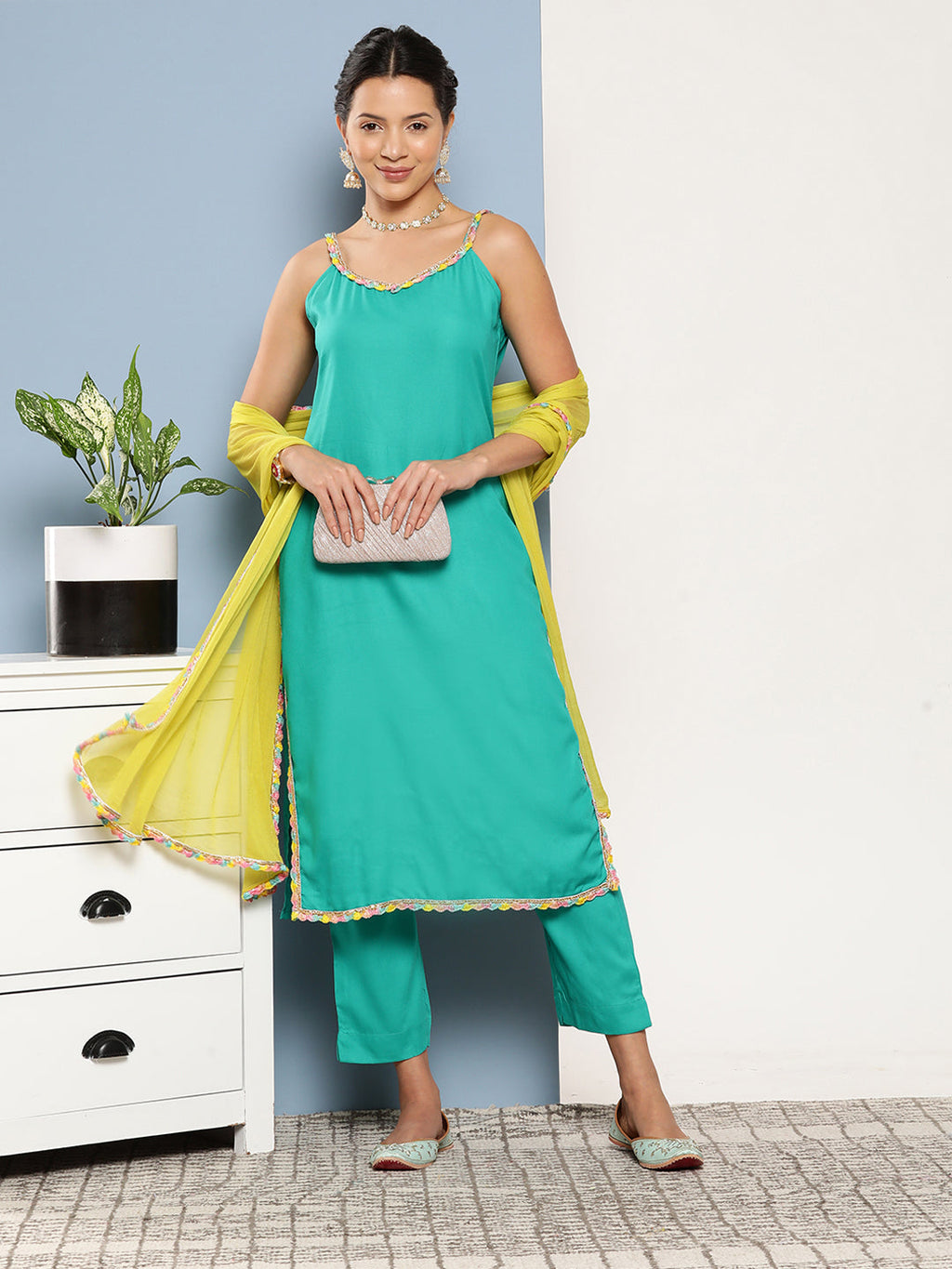 InWeave Women's Teal Lace Work Straight Strappy Kurta Set With Lime Green Chiffon Dupatta | Grocsy
