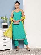 InWeave Women's Teal Lace Work Straight Strappy Kurta Set With Lime Green Chiffon Dupatta | Grocsy