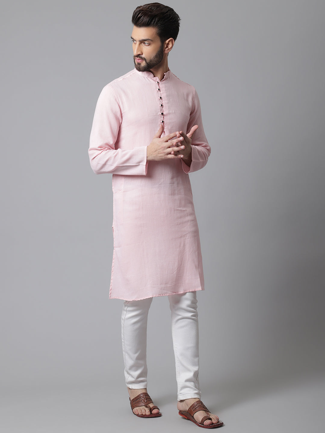 Even Apparels Pink Pure Cotton Kurta With Band Collar | Grocsy