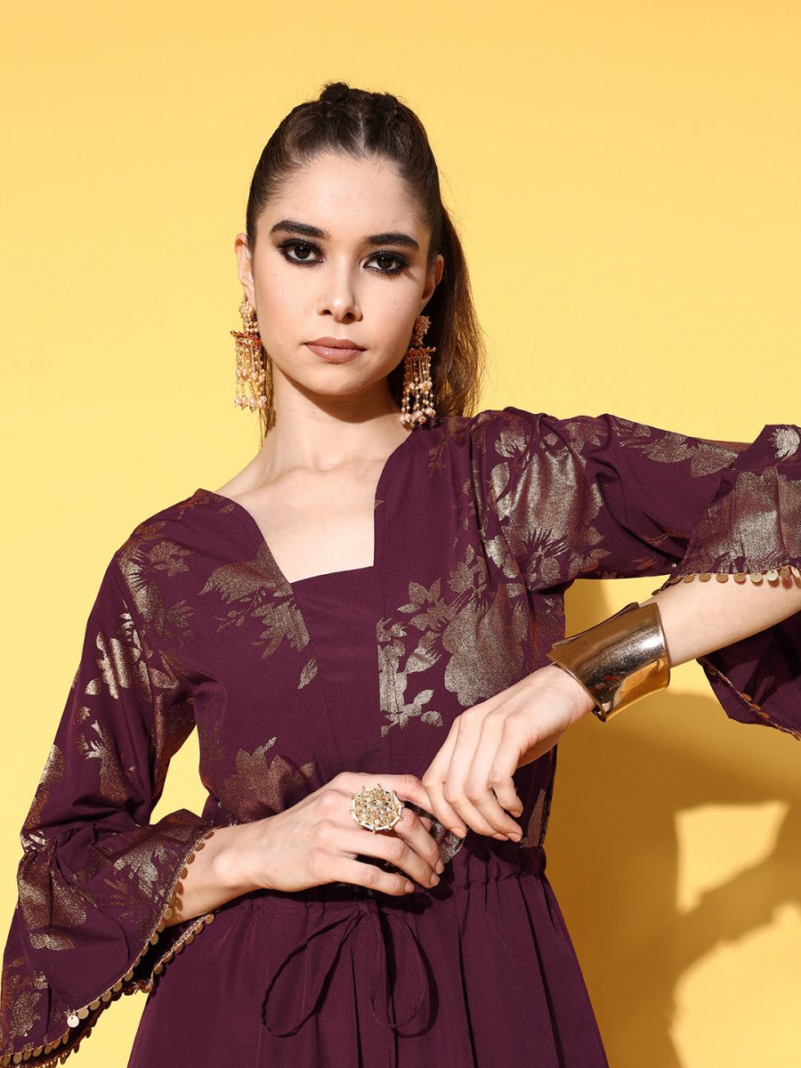 Ahalyaa Burgundy & Gold-Toned Bell Sleeves Printed Ethnic Jumpsuit With Waist Tie-Ups | Grocsy