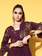 Ahalyaa Burgundy & Gold-Toned Bell Sleeves Printed Ethnic Jumpsuit With Waist Tie-Ups | Grocsy