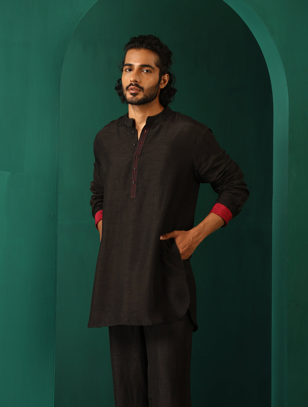 trueBrowns Men's Black Silk Co-ord Set Stitch Detail | Grocsy