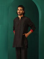 trueBrowns Men's Black Silk Co-ord Set Stitch Detail | Grocsy