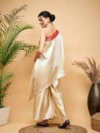 InWeave Women's Beige Red Brocade Oneshoulder Top Satin W Palazzo Set | Grocsy