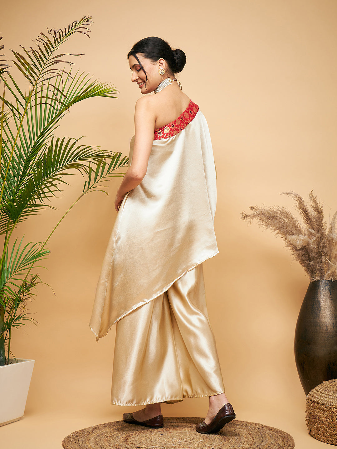InWeave Women's Beige Red Brocade Oneshoulder Top Satin W Palazzo Set | Grocsy
