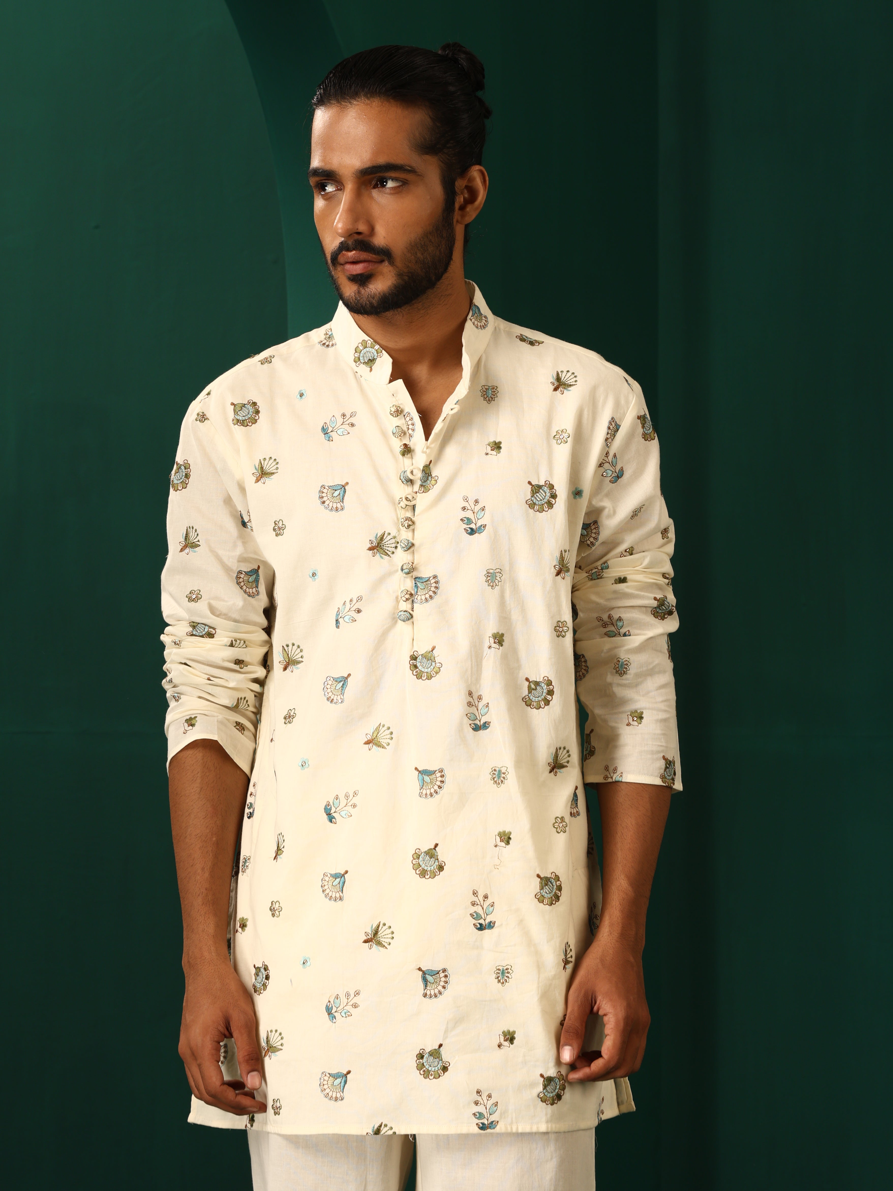 trueBrowns Men's Ivory Blue Multi color Floral Cotton Co-ord Set | Grocsy