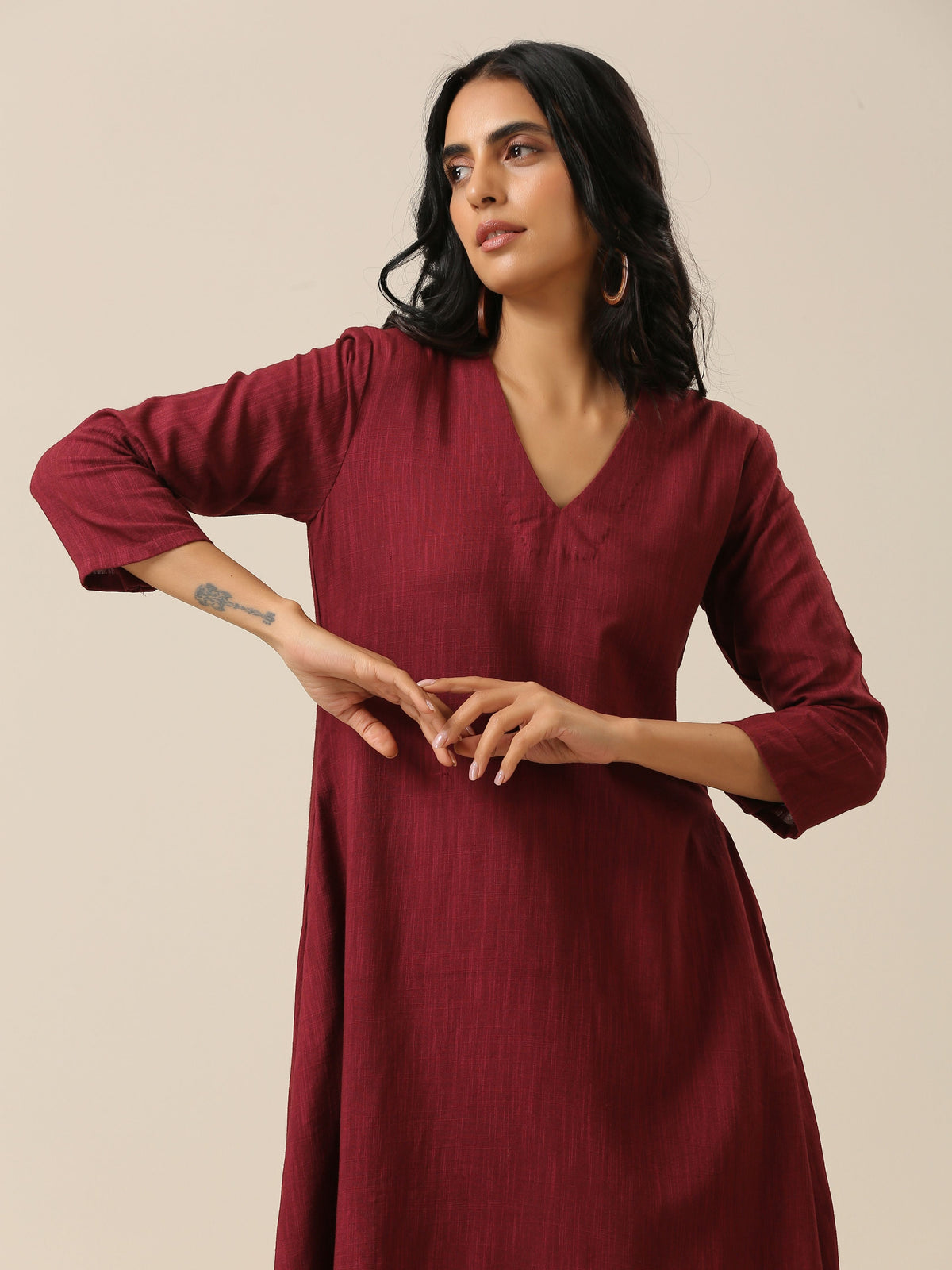 trueBrowns Ruby Wine Slub Texture Back Pleat Kurta Pant Set | Grocsy
