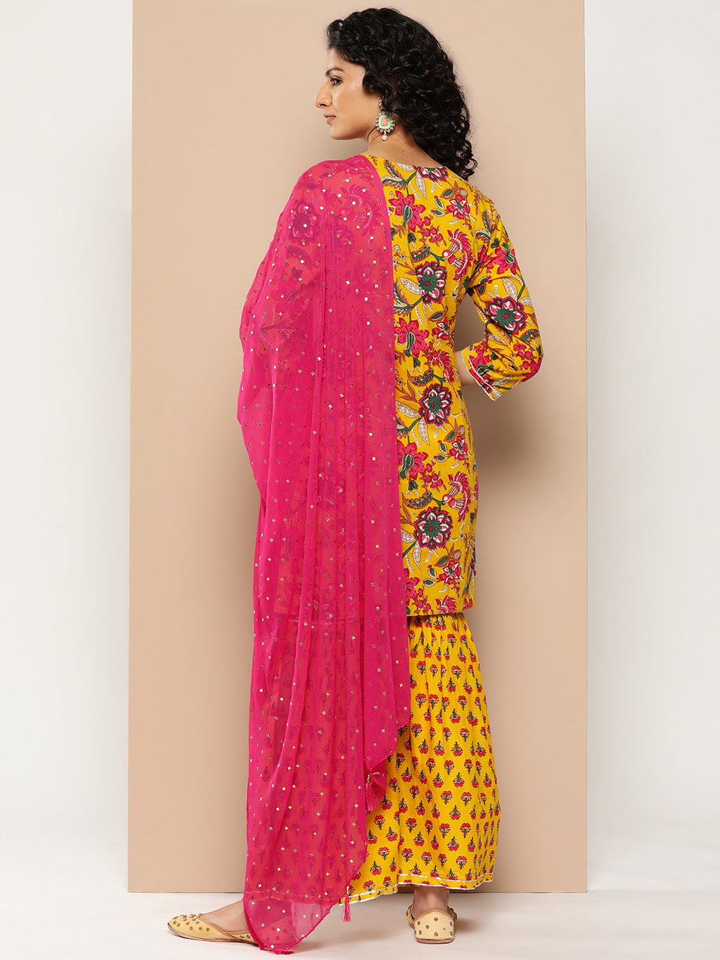 KSUT (House of Varanga) Yellow & Pink Floral Printed Kurta with Gota Work With Sharara & Dupatta | Grocsy
