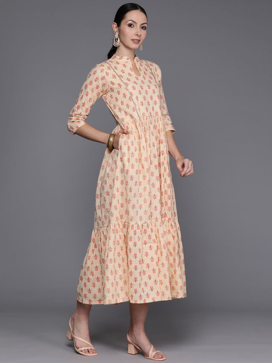 Ahalyaa Floral Print Mandarin Collar Tiered Midi Pure Cotton Ethnic Dress | Grocsy