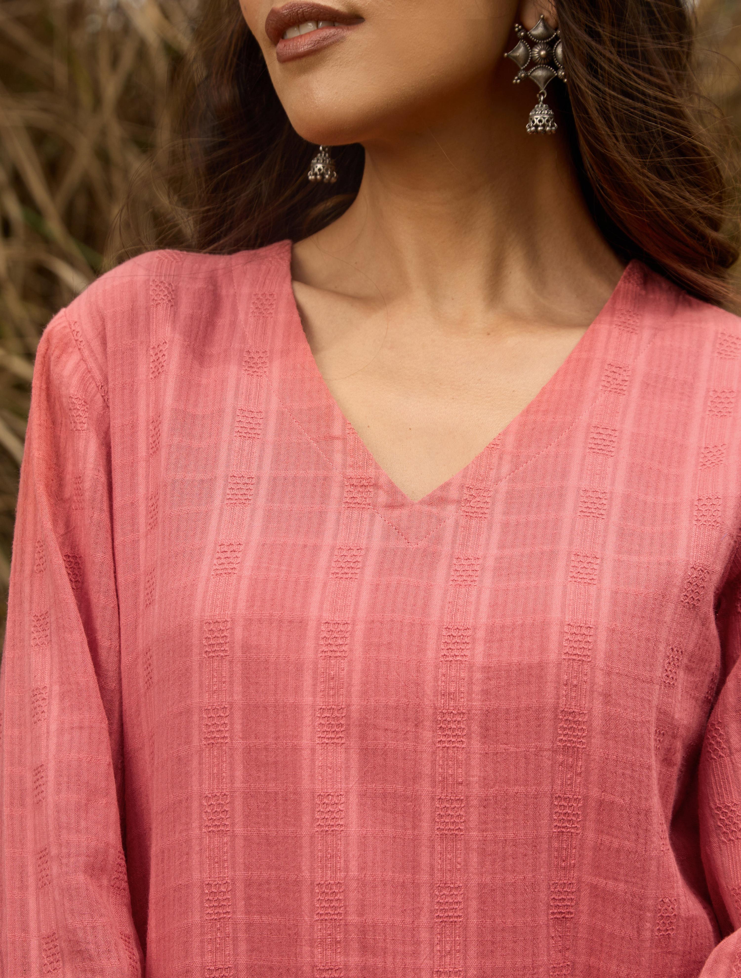trueBrowns Coral Cotton Dobby Relaxed Co-ord Set | Grocsy