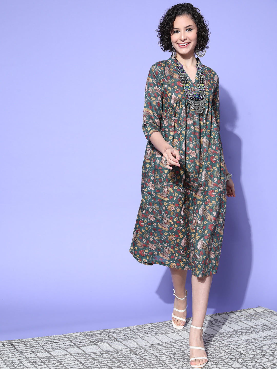InWeave Women's Green Jaal Print Dress | Grocsy