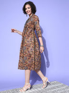 InWeave Women's Ochre Mustard Kalamkari Print Dress | Grocsy