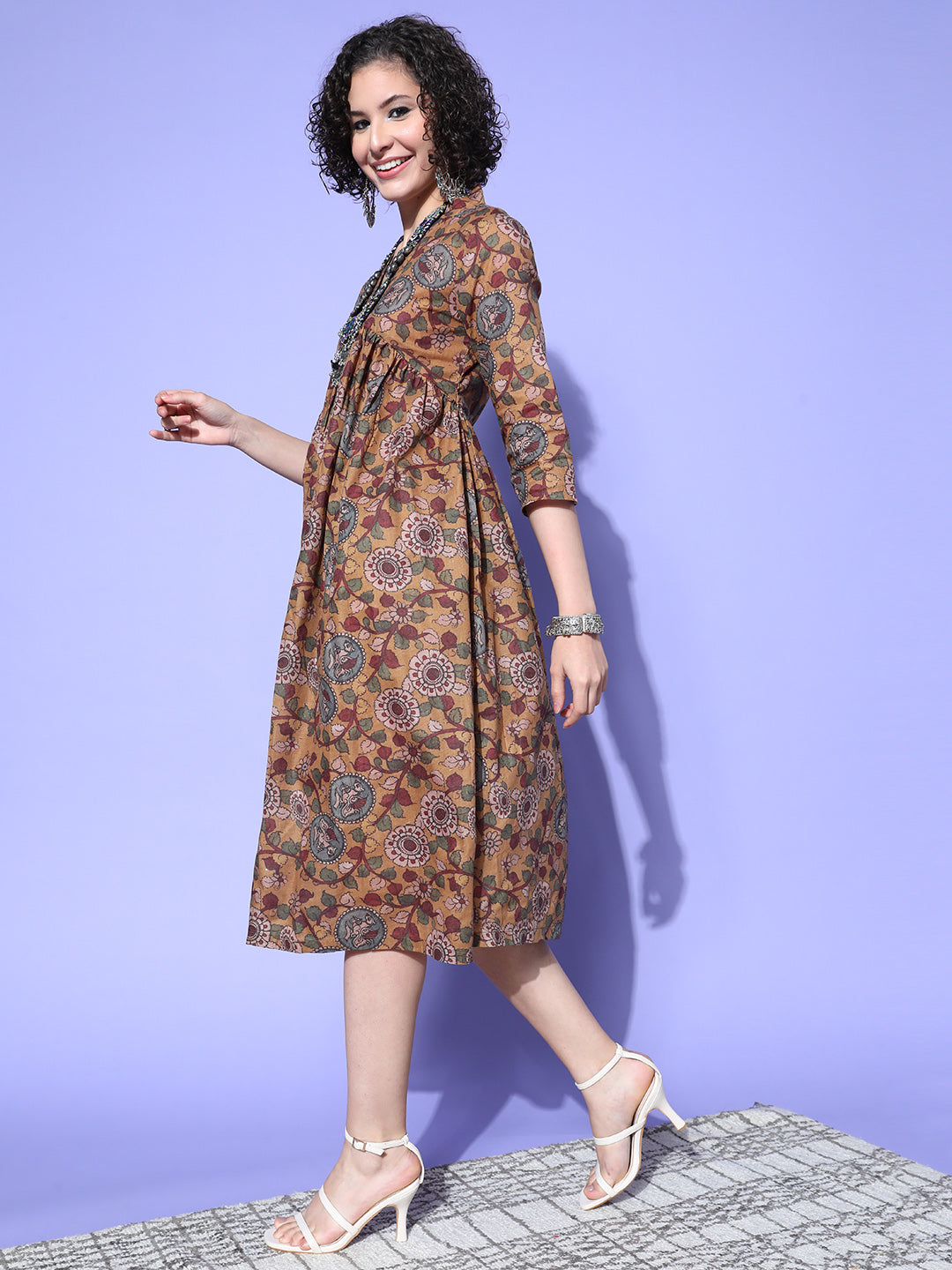 InWeave Women's Ochre Mustard Kalamkari Print Dress | Grocsy