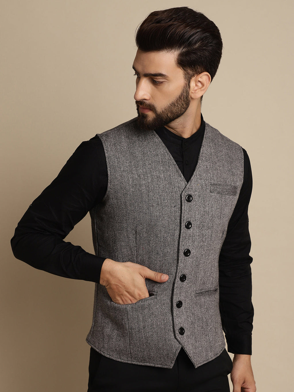 Even Apparels Men's Black Woolen Waistcoat with welt pockets | Grocsy