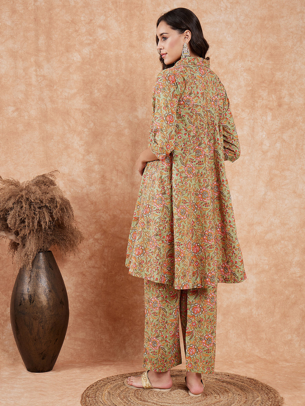 InWeave Women's Pear Green Orange Floral Print Flared Kurta Pant Set | Grocsy