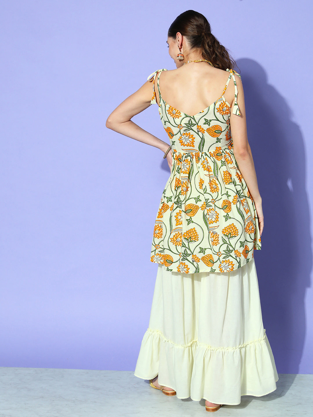 InWeave Women's Off White Yellow Floral Print Tie Up Kurta Sharara Set | Grocsy