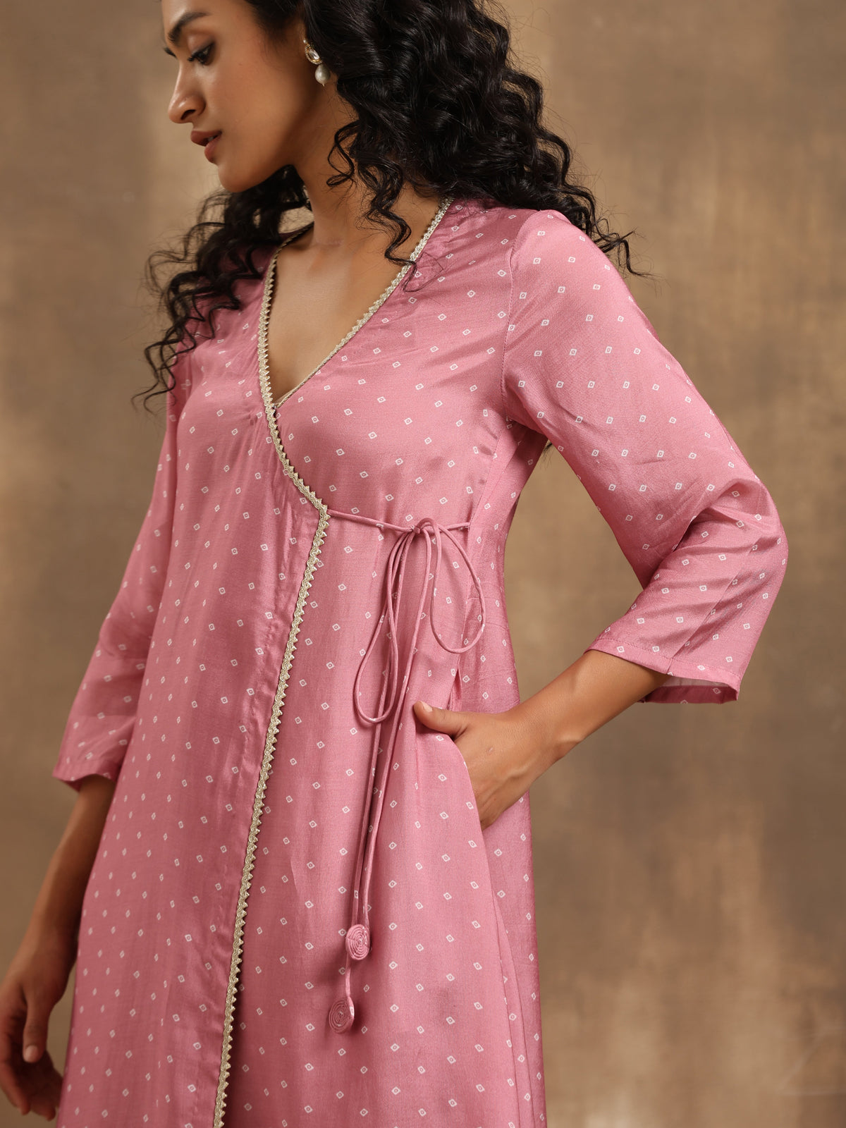 trueBrowns Light Mauve Bandhani Printed Silk Angrakha Kurta Pant Set | Grocsy