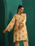trueBrowns Beige Floral Bunch Muslin Silk Printed Relaxed Co-ord Set | Grocsy
