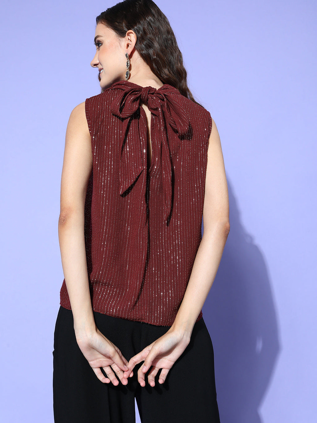 InWeave Women's Maroon Lurex Tie Up Top | Grocsy