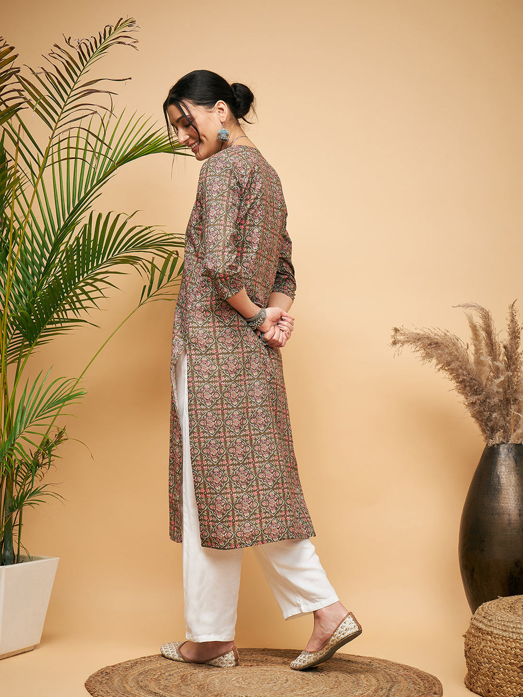 InWeave Women's Green Red Ajrakh Print Cotton Patch Work Straight Kurta | Grocsy