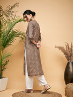 InWeave Women's Green Red Ajrakh Print Cotton Patch Work Straight Kurta | Grocsy