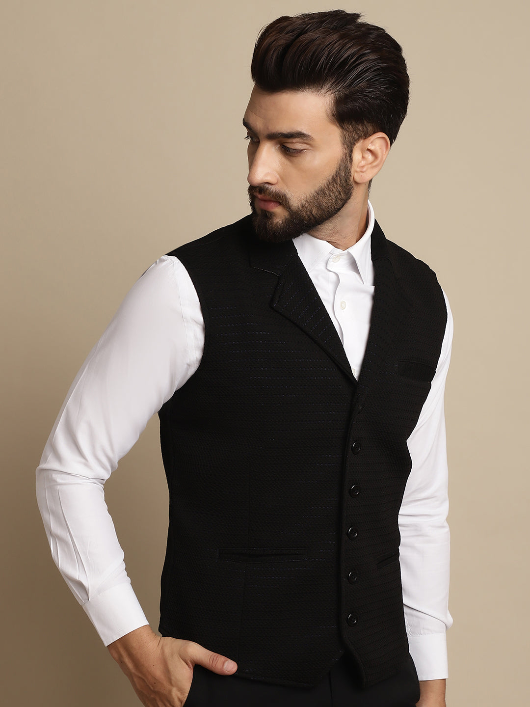 Even Apparels Men's Black Waistcoat with Notched Lapel | Grocsy