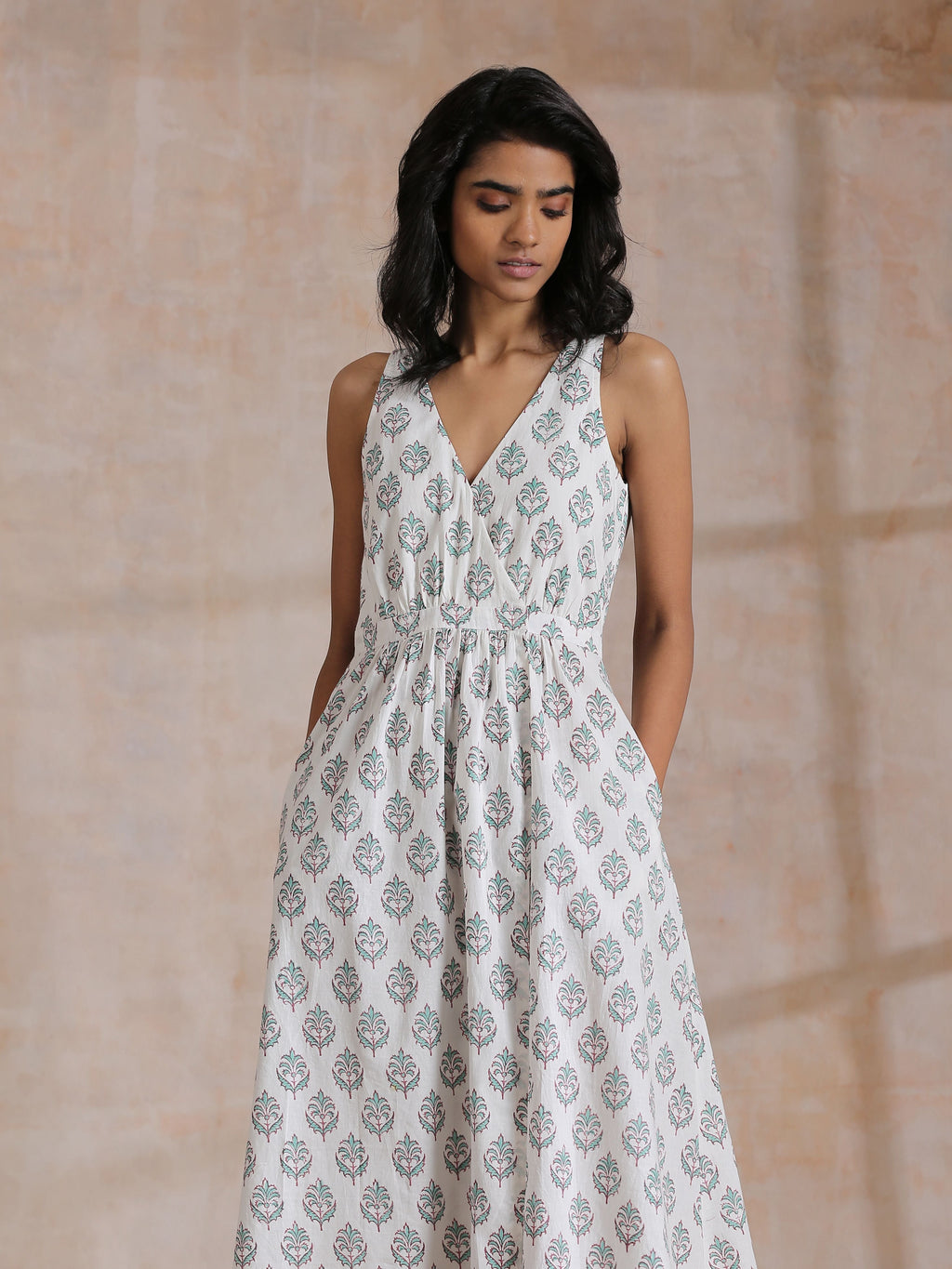 trueBrowns Green Buta On White Block Print Cotton Sleeveless Wrap Dress | Grocsy
