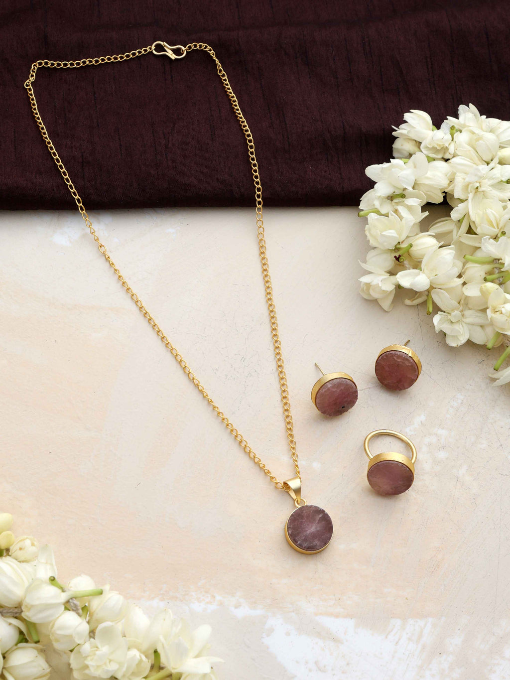 trueBrowns Gold Tone Pink Stone Pendant Set | Grocsy