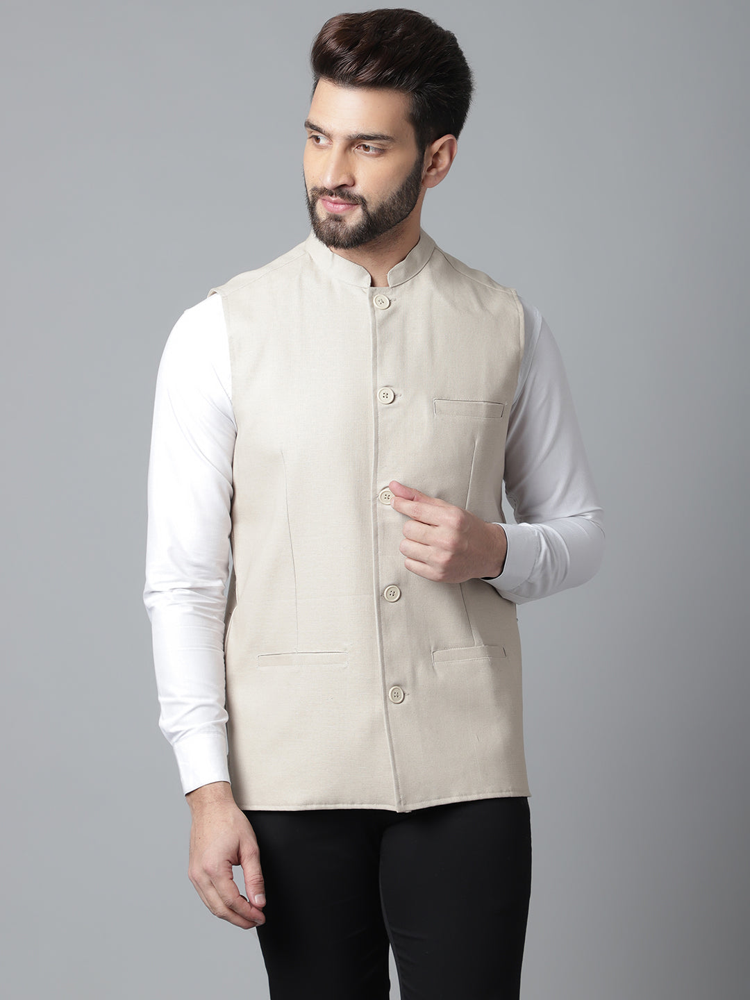 Even Apparels Men's Cream Nehru Jacket With Welt Pockets | Grocsy