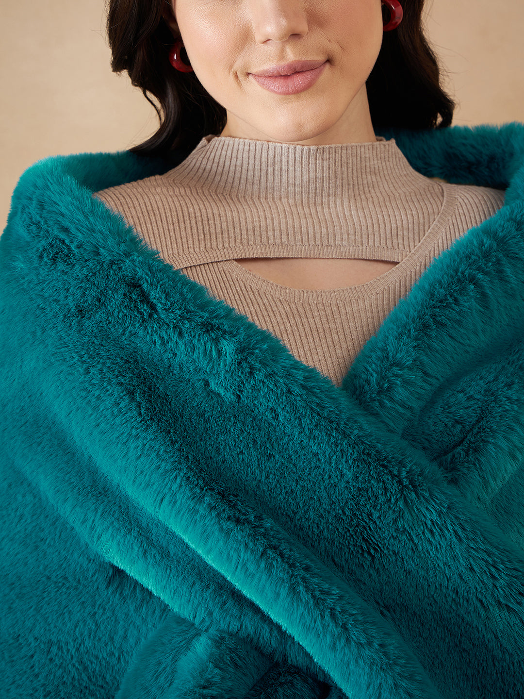 InWeave Women's Cyan Blue Long Faux Fur Cape | Grocsy