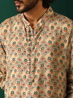 trueBrowns Men's Beige Geometric Muslin Silk Printed Co-ord Set | Grocsy