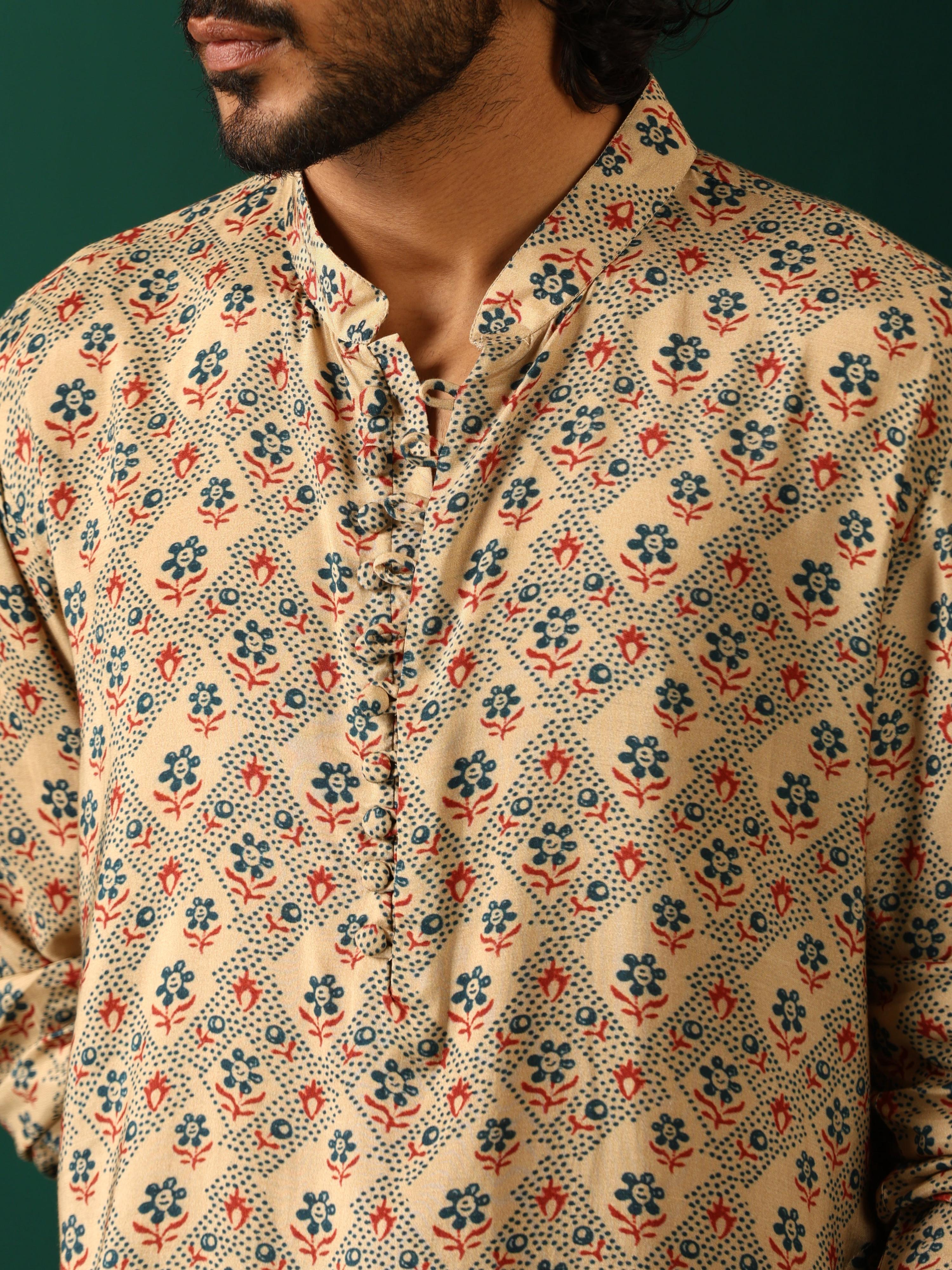 trueBrowns Men's Beige Geometric Muslin Silk Printed Co-ord Set | Grocsy
